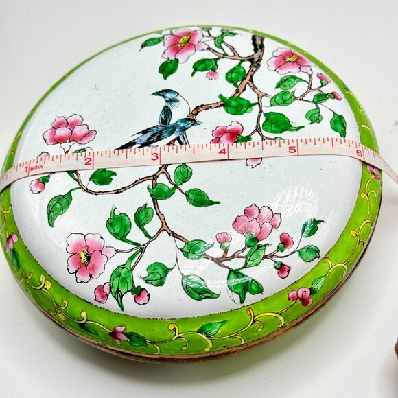 Vtg Hand-Painted Floral Enamel Trinket Box Birds & Blossoms 6" Diameter - Picture 3 of 16